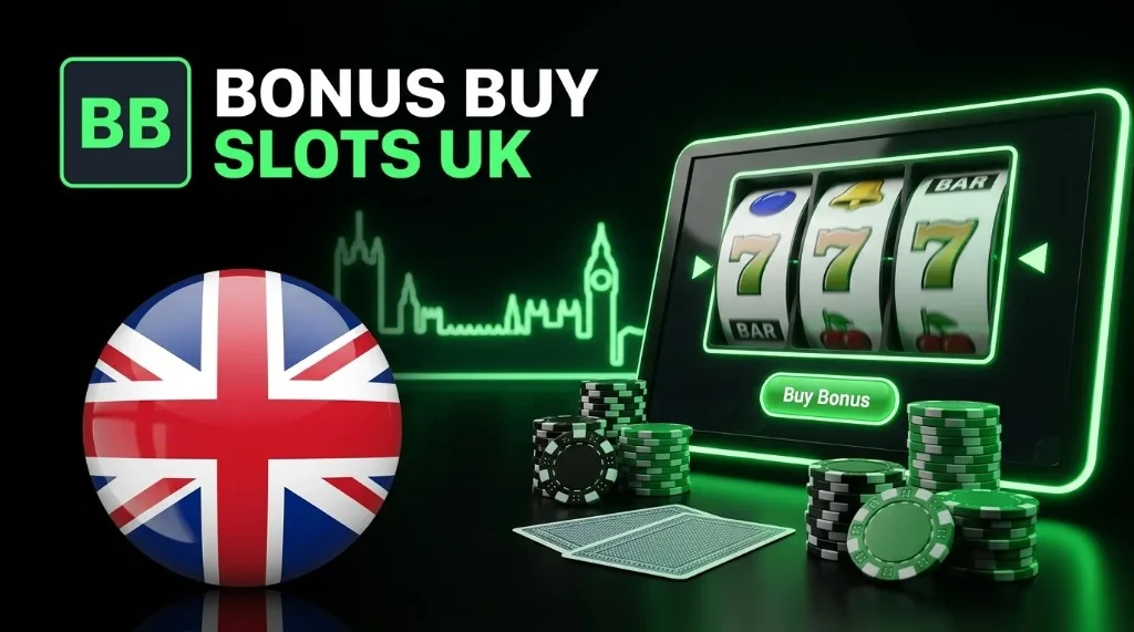 Bonus Buy Slots UK on non-UKGC casinos with UK flag and neon slots